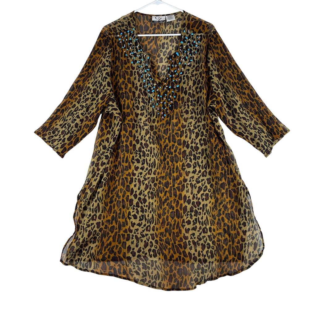CZ Cover Ups Sheer Chiffon Swimsuit Dress Womens 3X Leopard Print Turquoise Bead